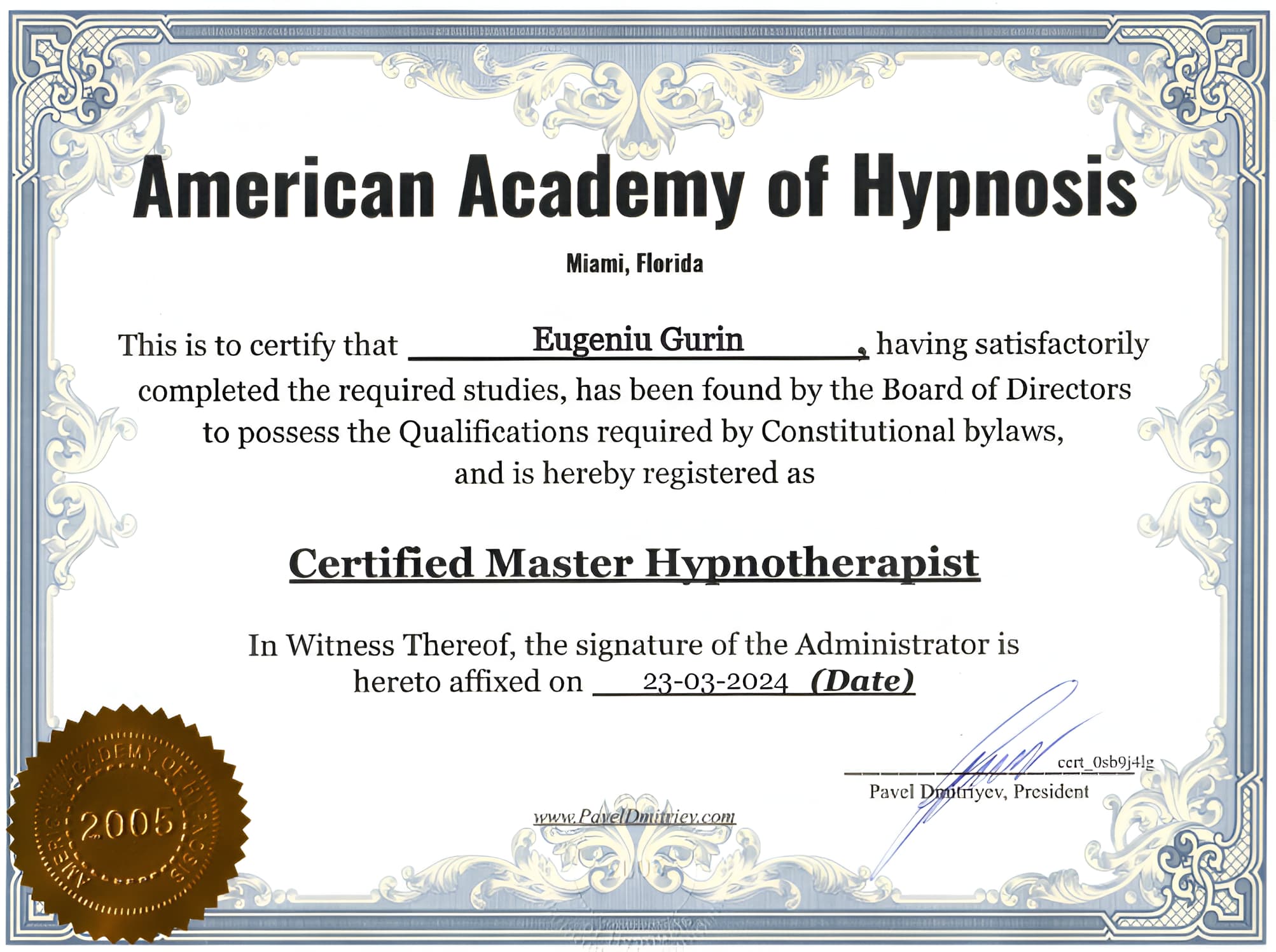 american academy of hypnosis certificate