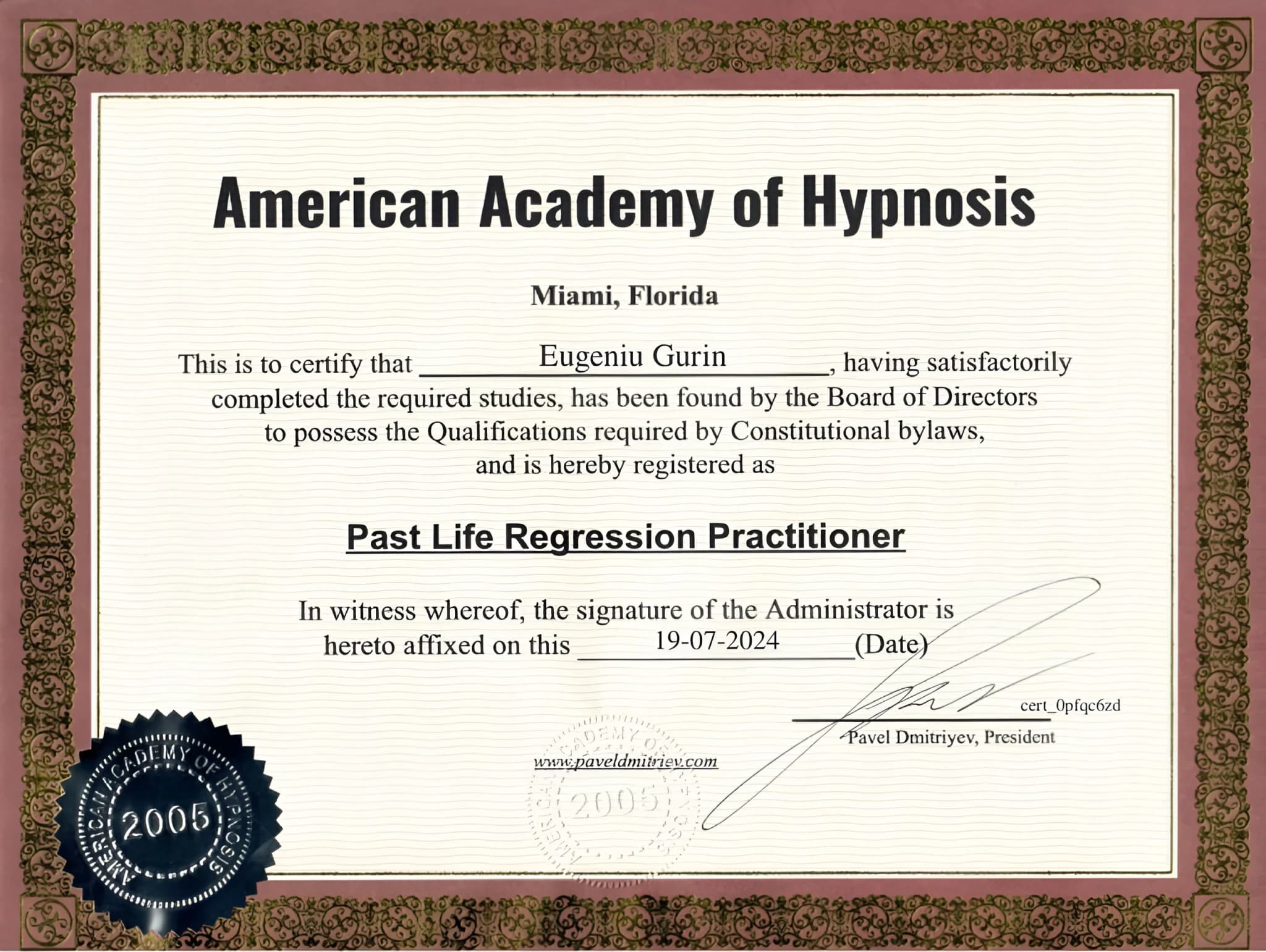 american academy of hypnosis certificate